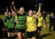 11 November 2023; Peamount United goalkeeper Niamh Reid Burke and Chloe Moloney celebrate after the SSE Airtricity Women's Premier Division match between Peamount United and Sligo Rovers at PRL Park in Greenogue, Dublin. Photo by Stephen McCarthy/Sportsfile