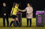 11 November 2023; Peamount United goalkeeper Niamh Reid Burke shakes hand with SSE Airtricity marketing specialist Ruth Rapple after the SSE Airtricity Women's Premier Division match between Peamount United and Sligo Rovers at PRL Park in Greenogue, Dublin. Photo by Stephen McCarthy/Sportsfile