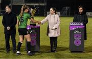 11 November 2023; SSE Airtricity marketing specialist Ruth Rapple with Ellen Dolan of Peamount United after the SSE Airtricity Women's Premier Division match between Peamount United and Sligo Rovers at PRL Park in Greenogue, Dublin. Photo by Stephen McCarthy/Sportsfile