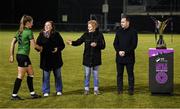 11 November 2023; Ellen Dolan of Peamount United with members of the presentation party, from left, FAI board member Niamh O'Mahony, Republic of Ireland women's interm manager and FAI's head of women’s and girl’s football Eileen Gleeson and League of Ireland director Mark Scanlon after the SSE Airtricity Women's Premier Division match between Peamount United and Sligo Rovers at PRL Park in Greenogue, Dublin. Photo by Stephen McCarthy/Sportsfile