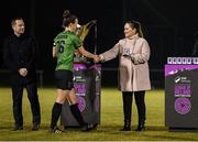 11 November 2023; Karen Duggan of Peamount United is presented with her winners medal by SSE Airtricity marketing specialist Ruth Rapple after the SSE Airtricity Women's Premier Division match between Peamount United and Sligo Rovers at PRL Park in Greenogue, Dublin. Photo by Stephen McCarthy/Sportsfile