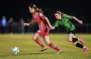11 November 2023; Keri Loughrey of Sligo Rovers in action against Mia McGonnell of Peamount United during the SSE Airtricity Women's Premier Division match between Peamount United and Sligo Rovers at PRL Park in Greenogue, Dublin. Photo by Stephen McCarthy/Sportsfile