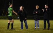 11 November 2023; Karen Duggan of Peamount United shakes hands with FAI board memeber Niamh O'Mahony as Republic of Ireland women's interm manager and FAI's head of women’s and girl’s football Eileen Gleeson and League of Ireland director Mark Scanlon watch on following the SSE Airtricity Women's Premier Division match between Peamount United and Sligo Rovers at PRL Park in Greenogue, Dublin. Photo by Stephen McCarthy/Sportsfile