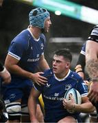 12 November 2023; Dan Sheehan of Leinster with teammate Will Connors after scoring his side's first try during the United Rugby Championship match between Dragons and Leinster at Rodney Parade in Newport, Wales. Photo by Harry Murphy/Sportsfile