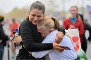 12 November 2023; Paula Spain from Dublin, left, comforts Pauline Spain, who ran in remembrance of baby Tony Spain, at the finish line of the Remembrance Run 5K, supported by Silver Stream Healthcare, at the Phoenix Park in Dublin. Photo by Brendan Moran/Sportsfile