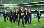 12 November 2023; Jordan Flores, centre, walks the pitch with his Bohemians teammates before the Sports Direct FAI Cup Final between Bohemians and St Patrick's Athletic at the Aviva Stadium in Dublin. Photo by Seb Daly/Sportsfile