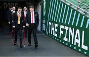 12 November 2023; Bohemians manager Declan Devine, right, and injured Bohemians club captain Keith Buckley before the Sports Direct FAI Cup Final between Bohemians and St Patrick's Athletic at the Aviva Stadium in Dublin. Photo by Seb Daly/Sportsfile