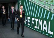 12 November 2023; Bohemians players, from right, Jordan Flores, James McManus and Danny Grant before the Sports Direct FAI Cup Final between Bohemians and St Patrick's Athletic at the Aviva Stadium in Dublin. Photo by Seb Daly/Sportsfile