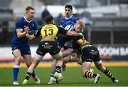 12 November 2023; Jamie Osborne of Leinster is tackled by Steff Hughes and Aneurin Owen of Dragons during the United Rugby Championship match between Dragons and Leinster at Rodney Parade in Newport, Wales. Photo by Harry Murphy/Sportsfile