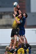 12 November 2023; George Nott of Dragons wins possession in the lineout against Joe McCarthy of Leinster during the United Rugby Championship match between Dragons and Leinster at Rodney Parade in Newport, Wales. Photo by Harry Murphy/Sportsfile