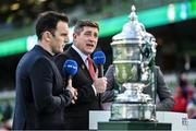 12 November 2023; Bohemians manager Declan Devine is interviewed on RTÉ before the Sports Direct FAI Cup Final between Bohemians and St Patrick's Athletic at the Aviva Stadium in Dublin. Photo by Seb Daly/Sportsfile