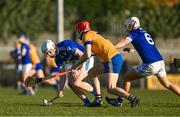 12 November 2023; Eamon Cunneen of Raharney in action against Colin Currie of Na Fianna during the AIB Leinster GAA Hurling Senior Club Championship quarter-final match between Raharney, Westmeath, and Na Fianna, Dublin, at TEG Cusack Park in Mullingar, Westmeath. Photo by Daire Brennan/Sportsfile