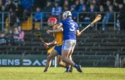 12 November 2023; Colin Currie of Na Fianna in action against Jamie Mulkearns of Raharney during the AIB Leinster GAA Hurling Senior Club Championship quarter-final match between Raharney, Westmeath, and Na Fianna, Dublin, at TEG Cusack Park in Mullingar, Westmeath. Photo by Daire Brennan/Sportsfile