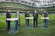 12 November 2023; St Patrick's Athletic manager Jon Daly is interviewed by RTÉ pundits, from left, Peter Collins, Stuart Byrne and Alan Cawley before the Sports Direct FAI Cup Final between Bohemians and St Patrick's Athletic at the Aviva Stadium in Dublin. Photo by Seb Daly/Sportsfile