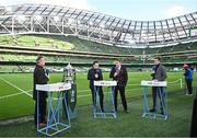 12 November 2023; Bohemians manager Declan Devine is interviewed by RTÉ pundits, from left, Peter Collins, Stuart Byrne and Alan Cawley before the Sports Direct FAI Cup Final between Bohemians and St Patrick's Athletic at the Aviva Stadium in Dublin. Photo by Seb Daly/Sportsfile