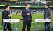 12 November 2023; St Patrick's Athletic manager Jon Daly is interviewed by RTÉ's Stuart Byrne, left, and Alan Cawley during the Sports Direct FAI Cup Final between Bohemians and St Patrick's Athletic at the Aviva Stadium in Dublin. Photo by Stephen McCarthy/Sportsfile