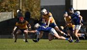 12 November 2023; Eamon Cunneen of Raharney in action against Colin Currie of Na Fianna during the AIB Leinster GAA Hurling Senior Club Championship quarter-final match between Raharney, Westmeath, and Na Fianna, Dublin, at TEG Cusack Park in Mullingar, Westmeath. Photo by Daire Brennan/Sportsfile