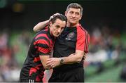 12 November 2023; Bohemians manager Declan Devine, right, and Dylan Connolly of Bohemians before the Sports Direct FAI Cup Final between Bohemians and St Patrick's Athletic at the Aviva Stadium in Dublin. Photo by Seb Daly/Sportsfile