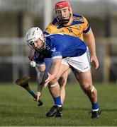 12 November 2023; Darren Finn of Raharney in action against Colin Currie of Na Fianna during the AIB Leinster GAA Hurling Senior Club Championship quarter-final match between Raharney, Westmeath, and Na Fianna, Dublin, at TEG Cusack Park in Mullingar, Westmeath. Photo by Daire Brennan/Sportsfile