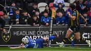 12 November 2023; Charlie Ngatai of Leinster dives over to score his side's fourth try during the United Rugby Championship match between Dragons and Leinster at Rodney Parade in Newport, Wales. Photo by Harry Murphy/Sportsfile