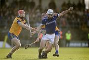 12 November 2023; Jamie Mulkearns of Raharney in action against Colin Currie, left, and AJ Murphy of Na Fianna during the AIB Leinster GAA Hurling Senior Club Championship quarter-final match between Raharney, Westmeath, and Na Fianna, Dublin, at TEG Cusack Park in Mullingar, Westmeath. Photo by Daire Brennan/Sportsfile