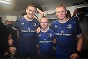 12 November 2023; The McCarthy brothers, from left, Joe, Andrew, and Paddy in the dressing room after the United Rugby Championship match between Dragons and Leinster at Rodney Parade in Newport, Wales. Photo by Harry Murphy/Sportsfile
