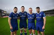 12 November 2023; Leinster players, from left, Ross Byrne, Joe McCarthy, Paddy McCarthy, and Harry Byrne after their sides victory in the United Rugby Championship match between Dragons and Leinster at Rodney Parade in Newport, Wales. Photo by Harry Murphy/Sportsfile