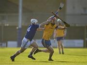 12 November 2023; Colin Currie of Na Fianna in action against Darren Finn of Raharney during the AIB Leinster GAA Hurling Senior Club Championship quarter-final match between Raharney, Westmeath, and Na Fianna, Dublin, at TEG Cusack Park in Mullingar, Westmeath. Photo by Daire Brennan/Sportsfile