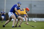 12 November 2023; Colin Currie of Na Fianna in action against Conor McKeogh of Raharney during the AIB Leinster GAA Hurling Senior Club Championship quarter-final match between Raharney, Westmeath, and Na Fianna, Dublin, at TEG Cusack Park in Mullingar, Westmeath. Photo by Daire Brennan/Sportsfile