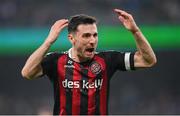 12 November 2023; Jordan Flores of Bohemians encourages the supporters during the Sports Direct FAI Cup Final between Bohemians and St Patrick's Athletic at the Aviva Stadium in Dublin. Photo by Seb Daly/Sportsfile