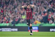 12 November 2023; Jordan Flores of Bohemians reacts during the Sports Direct FAI Cup Final between Bohemians and St Patrick's Athletic at the Aviva Stadium in Dublin. Photo by Seb Daly/Sportsfile