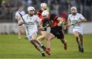 12 November 2023; Donagh Murphy of Mount Leinster Rangers in action against Jordan Molloy of O'Loughlin Gaels during the AIB Leinster GAA Hurling Senior Club Championship quarter-final match between Mount Leinster Rangers, Carlow, and O'Loughlin Gaels, Kilkenny, at Netwatch Cullen Park in Carlow. Photo by David Fitzgerald/Sportsfile