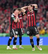 12 November 2023; Jordan Flores of Bohemians, right, reacts after a missed opportunity on goal during the Sports Direct FAI Cup Final between Bohemians and St Patrick's Athletic at the Aviva Stadium in Dublin. Photo by Seb Daly/Sportsfile