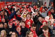 12 November 2023; St Patrick's Athletic supporters celebrate after their side's third goal, scored by Tommy Lonergan, during the Sports Direct FAI Cup Final between Bohemians and St Patrick's Athletic at the Aviva Stadium in Dublin. Photo by Stephen McCarthy/Sportsfile
