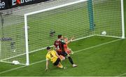 12 November 2023; Krystian Nowak of Bohemians steers the ball past his own goalkeeper James Talbot ahead of Joe Redmond of St Patrick's Athletic for the second St Patrick's Athletic goal during the Sports Direct FAI Cup Final between Bohemians and St Patrick's Athletic at the Aviva Stadium in Dublin. Photo by Michael P Ryan/Sportsfile