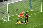 12 November 2023; Krystian Nowak of Bohemians steers the ball past his own goalkeeper James Talbot ahead of Joe Redmond of St Patrick's Athletic for the second St Patrick's Athletic goal during the Sports Direct FAI Cup Final between Bohemians and St Patrick's Athletic at the Aviva Stadium in Dublin. Photo by Michael P Ryan/Sportsfile