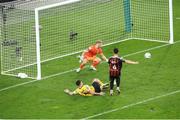 12 November 2023; Krystian Nowak of Bohemians steers the ball past his own goalkeeper James Talbot ahead of Joe Redmond of St Patrick's Athletic for the second St Patrick's Athletic goal during the Sports Direct FAI Cup Final between Bohemians and St Patrick's Athletic at the Aviva Stadium in Dublin. Photo by Michael P Ryan/Sportsfile