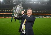 12 November 2023; St Patrick's Athletic manager Jon Daly with the cup after the Sports Direct FAI Cup Final between Bohemians and St Patrick's Athletic at the Aviva Stadium in Dublin. Photo by Stephen McCarthy/Sportsfile