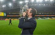 12 November 2023; St Patrick's Athletic manager Jon Daly with the cup after the Sports Direct FAI Cup Final between Bohemians and St Patrick's Athletic at the Aviva Stadium in Dublin. Photo by Stephen McCarthy/Sportsfile