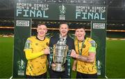12 November 2023; St Patrick's Athletic manager Jon Daly, centre, with Chris Forrester, left, and Joe Redmond of St Patrick's Athletic and the cup after the Sports Direct FAI Cup Final between Bohemians and St Patrick's Athletic at the Aviva Stadium in Dublin. Photo by Stephen McCarthy/Sportsfile