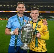12 November 2023; St Patrick's Athletic goalkeeper Danny Rogers, left, and Jay McClelland of St Patrick's Athletic after the Sports Direct FAI Cup Final between Bohemians and St Patrick's Athletic at the Aviva Stadium in Dublin. Photo by Stephen McCarthy/Sportsfile