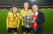 12 November 2023; St Patrick's Athletic supporter and former Republic of Ireland manager Brian Kerr, right, with St Patrick's Athletic players Kian Leavy, left, and Chris Forrester after the Sports Direct FAI Cup Final between Bohemians and St Patrick's Athletic at the Aviva Stadium in Dublin. Photo by Stephen McCarthy/Sportsfile