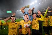 12 November 2023; St Patrick's Athletic players, from left, Jay McClelland, Tommy Lonergan, Dean Lyness and Mason Melia after the Sports Direct FAI Cup Final between Bohemians and St Patrick's Athletic at the Aviva Stadium in Dublin. Photo by Stephen McCarthy/Sportsfile