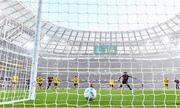 12 November 2023; Jonathan Afolabi of Bohemians scores his side's first goal during the Sports Direct FAI Cup Final between Bohemians and St Patrick's Athletic at the Aviva Stadium in Dublin. Photo by Stephen McCarthy/Sportsfile