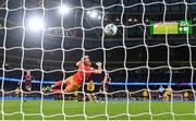 12 November 2023; Tommy Lonergan of St Patrick's Athletic scores his side's third goal past Bohemians goalkeeper James Talbot during the Sports Direct FAI Cup Final between Bohemians and St Patrick's Athletic at the Aviva Stadium in Dublin. Photo by Stephen McCarthy/Sportsfile