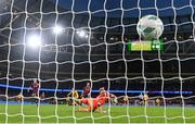 12 November 2023; Tommy Lonergan of St Patrick's Athletic scores his side's third goal past Bohemians goalkeeper James Talbot during the Sports Direct FAI Cup Final between Bohemians and St Patrick's Athletic at the Aviva Stadium in Dublin. Photo by Stephen McCarthy/Sportsfile