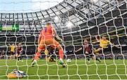 12 November 2023; Krystian Nowak of Bohemians steers the ball past his own goalkeeper James Talbot ahead of Joe Redmond of St Patrick's Athletic for the second St Patrick's Athletic goal during the Sports Direct FAI Cup Final between Bohemians and St Patrick's Athletic at the Aviva Stadium in Dublin. Photo by Stephen McCarthy/Sportsfile