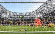 12 November 2023; Krystian Nowak of Bohemians steers the ball past his own goalkeeper James Talbot ahead of Joe Redmond of St Patrick's Athletic for the second St Patrick's Athletic goal during the Sports Direct FAI Cup Final between Bohemians and St Patrick's Athletic at the Aviva Stadium in Dublin. Photo by Stephen McCarthy/Sportsfile