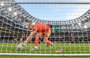12 November 2023; Bohemians goalkeeper James Talbot picks the ball from the net after conceding his side's second goal during the Sports Direct FAI Cup Final between Bohemians and St Patrick's Athletic at the Aviva Stadium in Dublin. Photo by Stephen McCarthy/Sportsfile