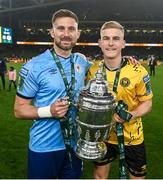 12 November 2023; St Patrick's Athletic goalkeeper Danny Rogers, left, and Thijs Timmermans of St Patrick's Athletic with the cup after the Sports Direct FAI Cup Final between Bohemians and St Patrick's Athletic at the Aviva Stadium in Dublin. Photo by Stephen McCarthy/Sportsfile